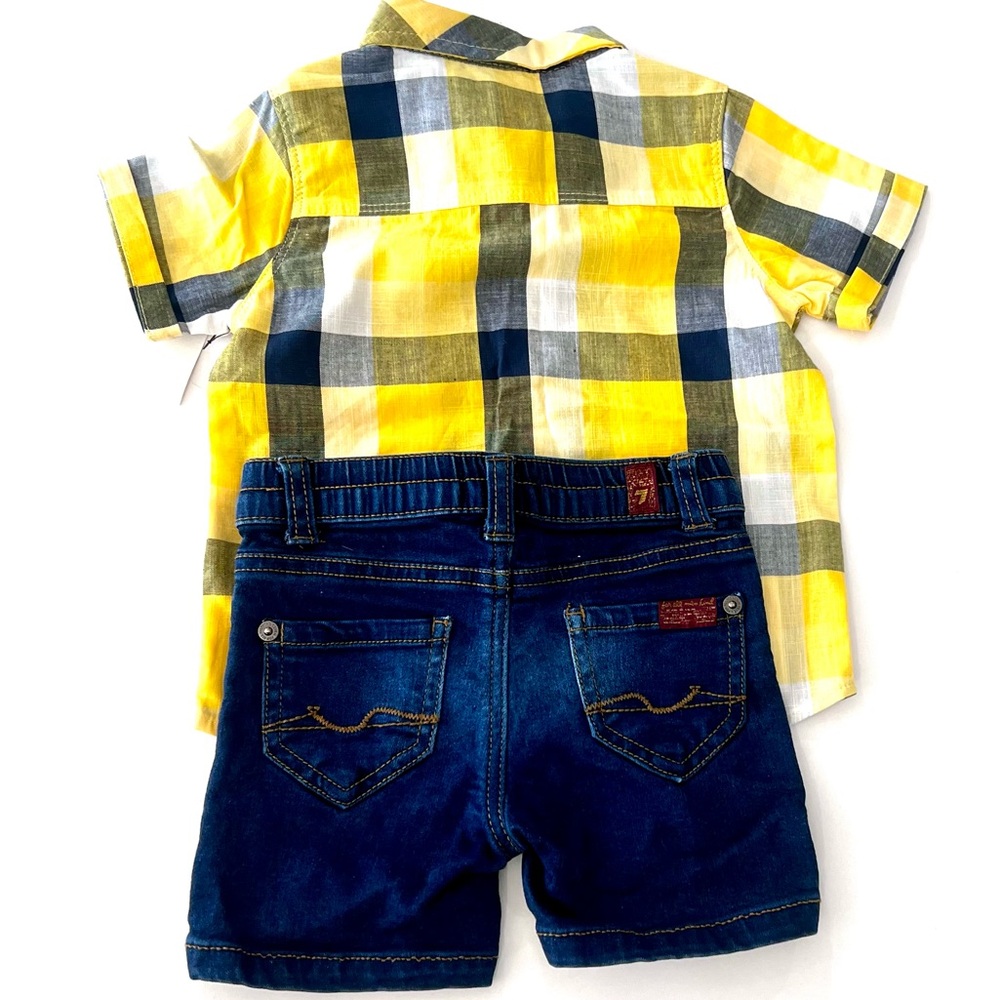 Yellow Plaid Kids Shirt & Jean shorts set by 7 For mankind new with tags - Picture 2 of 13